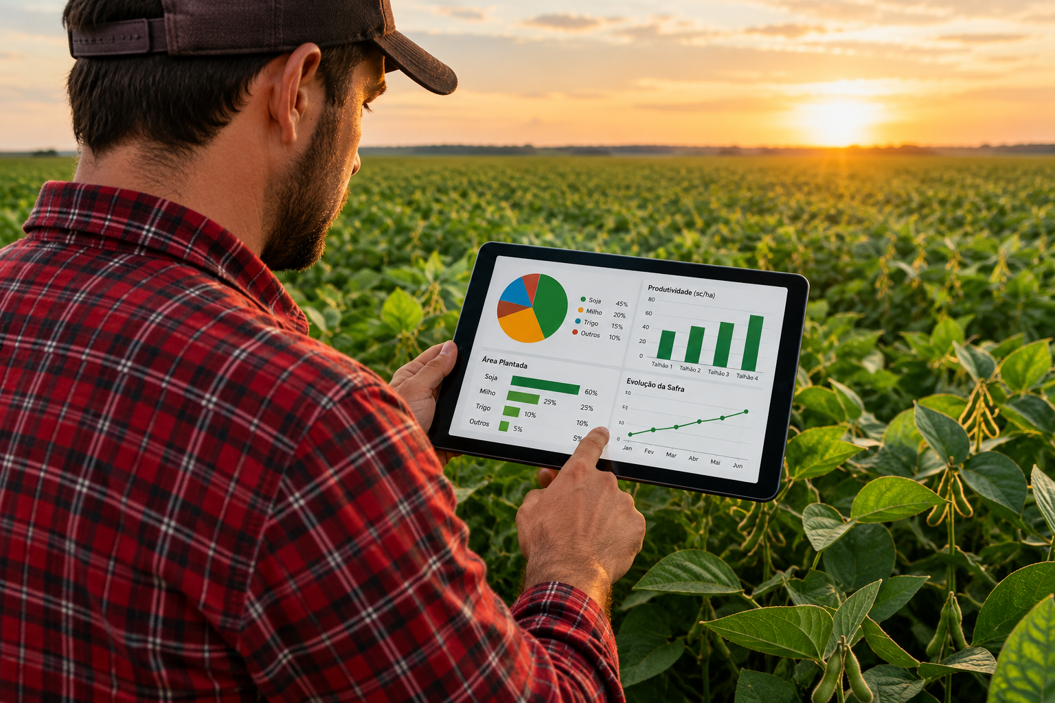 Produtor com camisa xadrez vermelha usando tablet no campo